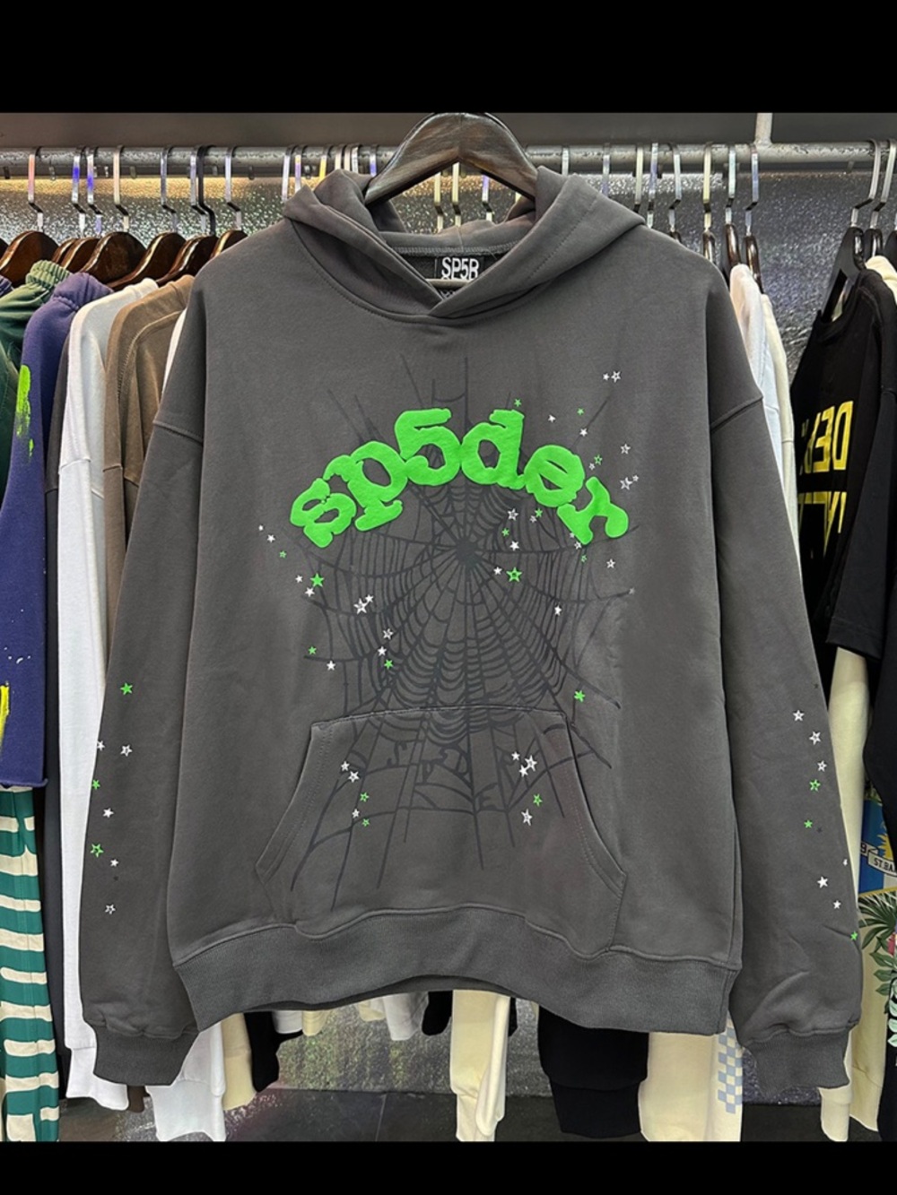 Gray Hoodie with Neon Green Logo - Streetwear Pullover